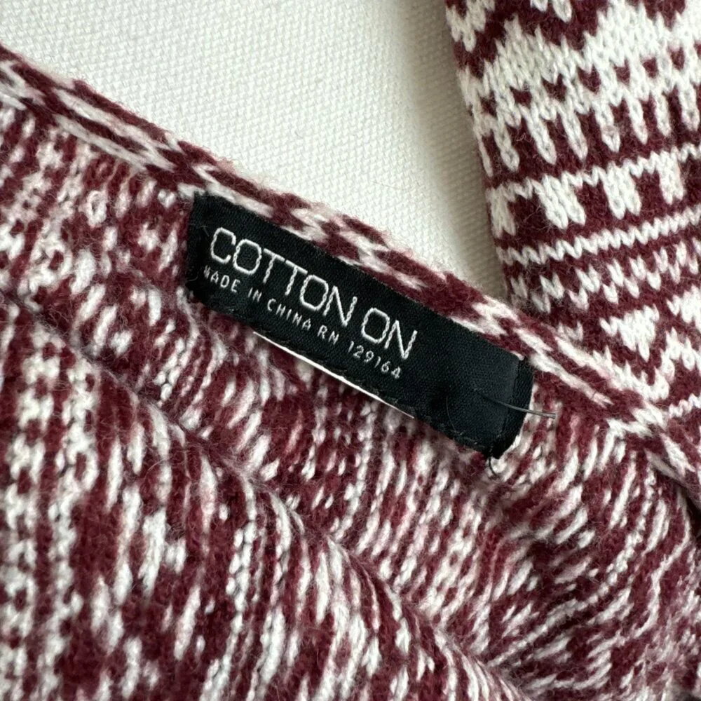 Long Scarf Nordic Style Burgundy ( Wine ) & White Fringe
